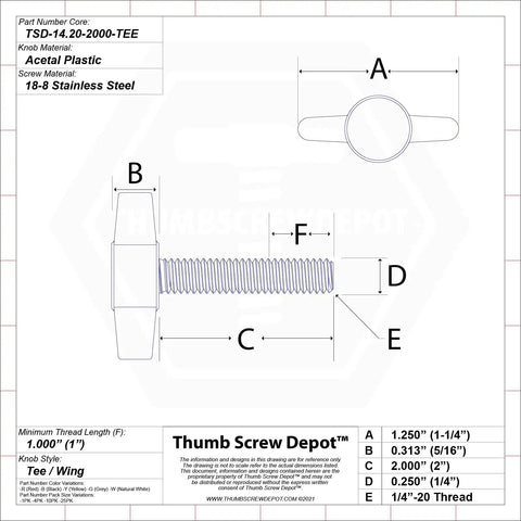 Quarter Inch Twenty Coarse Thread Thumb Screws With Black Comfort Grip Tee Knobs Heavy Duty Stainless Steel Fasteners dimensions and materials.