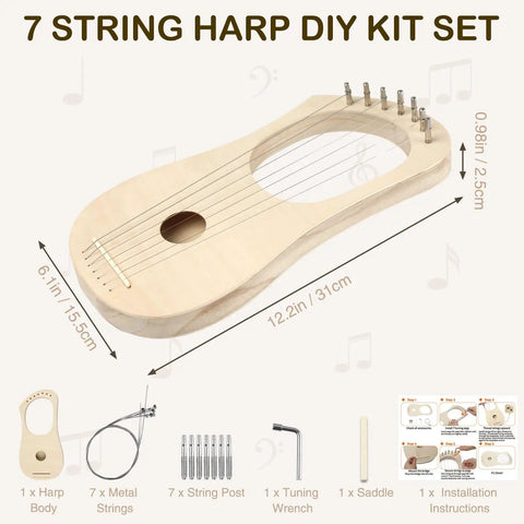 7 String Lyre Harp DIY Kit for Beginners with basswood body, tuning wrench, and assembly parts, showcasing easy assembly.