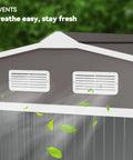 9x6 Outdoor Metal Storage Shed With Foundation Kit, showing air vents for ventilation, light gray color, backyard tool shed.
