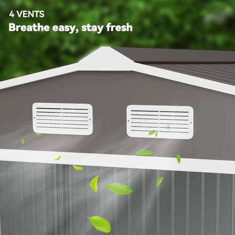 9x6 Outdoor Metal Storage Shed With Foundation Kit, showing air vents for ventilation, light gray color, backyard tool shed.
