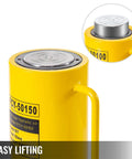 Yellow hydraulic bottle jack, 50-ton capacity, 150mm stroke, front view