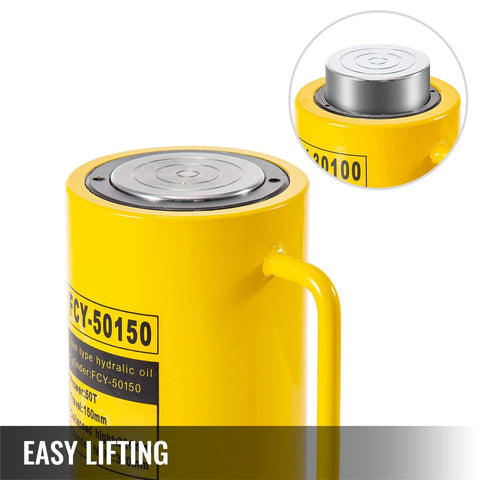 Yellow hydraulic bottle jack, 50-ton capacity, 150mm stroke, front view