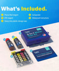 Hassle Free Swimming Pool And Spa Water Test Kit For Chlorine Bromine And Ph Including 100 Straightforward Drops with reagents and stored in a plastic case.