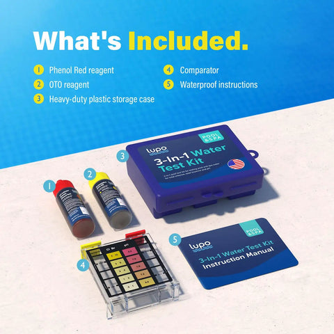 Hassle Free Swimming Pool And Spa Water Test Kit For Chlorine Bromine And Ph Including 100 Straightforward Drops with reagents and stored in a plastic case.