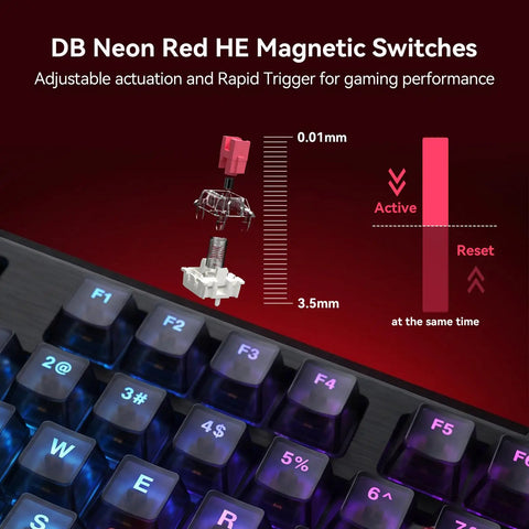 DB Neon Red HE Magnetic Switches with adjustable actuation and rapid trigger on the Flux87 He Mechanical Gaming Keyboard.