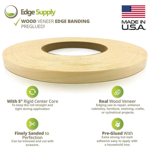 Birch Edge Banding Roll Three Quarters Inch Wide by 250 Feet Pre Glued Real Wood Veneer Iron On For DIY Friendly Furniture Repair And Cabinetry Flexible Plywood Edge Banding Made In USA displayed with features infographic