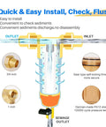 Diagram of 40 Micron Spin Down Sediment Filter For Whole House Water System, highlighting easy install, check, and flush features.