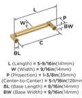 Balon Champagne Bronze Cabinet Pull dimensions with 5-9/16 inch overall length, 5-1/16 inch center-to-center mounting, transitional style.