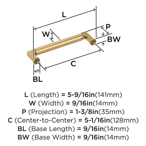 Balon Champagne Bronze Cabinet Pull dimensions with 5-9/16 inch overall length, 5-1/16 inch center-to-center mounting, transitional style.