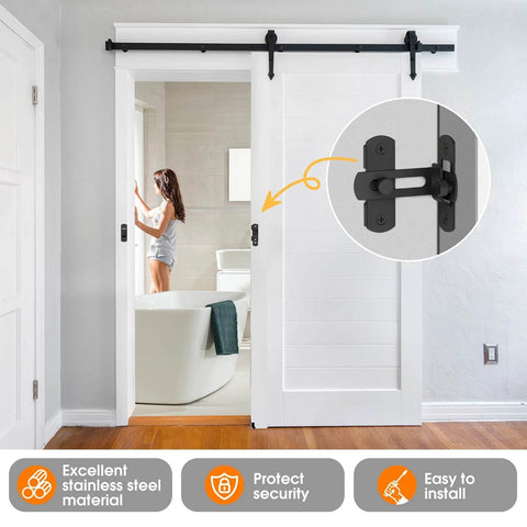 Two Pack 90 Degree Barn Door Lock Latches Matte Black Stainless Steel Security Flip Gate Latches for sliding doors shown