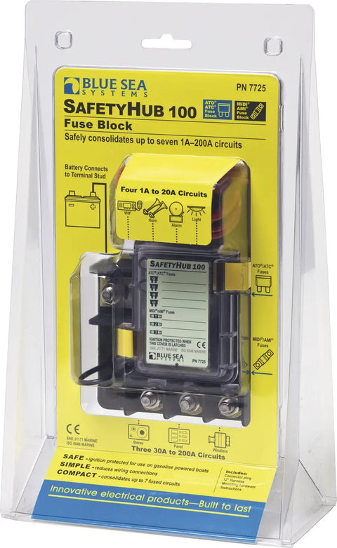 Safety HUB Fuse Block 100 RBS With Ignition Protected Fuse Block And Integrated Plug Built For High Amp Circuits Like Panel Feeds Windlasses And Stereo Amps Three 30A-200A MIDI AMI Fuses And Four 1A-200A ATC And ATO Fuses For Bilge Pumps And Alarms