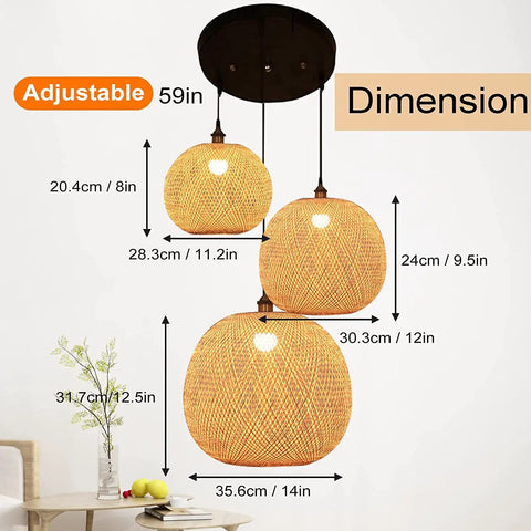 Dimensions of Bamboo Lantern Pendant Light, Retro Japanese Style E27 Chandelier Hanging Ceiling Fixture