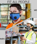 Reusable Dust Mask Respirator With Activated Carbon Filters For Woodworking And Yard Work worn by male and female workers