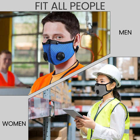 Reusable Dust Mask Respirator With Activated Carbon Filters For Woodworking And Yard Work worn by male and female workers