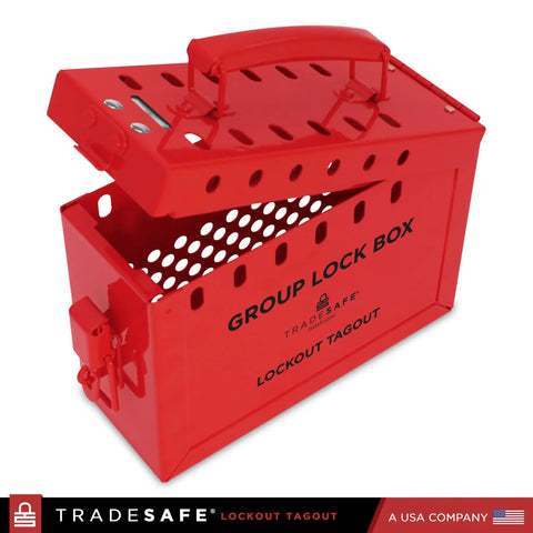 Red Lockout Tagout Group Box For OSHA Compliant LOTO Procedures, open view, heavy duty 18 gauge steel lock box with handle.