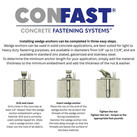 Diagram of Three Eighths Inch By Five Inch Wedge Anchor Zinc Plated In Box Of Fifty For Concrete Only In Dry Environments.