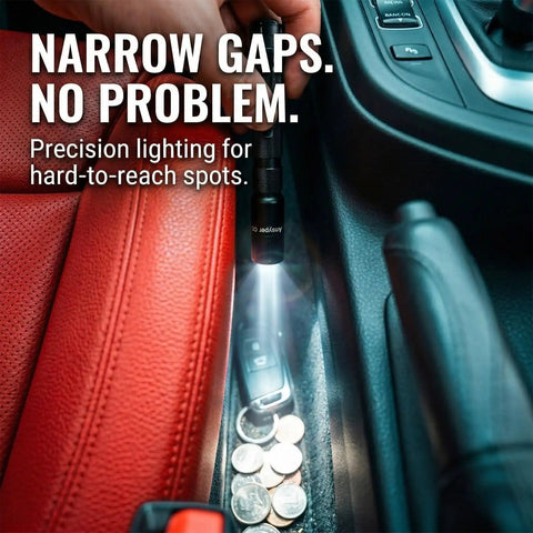 Compact 3 Mode LED Flashlight With Clip for EDC illuminating narrow car gap, showing precision lighting for inspections.