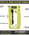 Door Hinge Router Template Kit With Clamps And Mortise Jig for Quick Ninety Degree Hinge Mounting in green with labels
