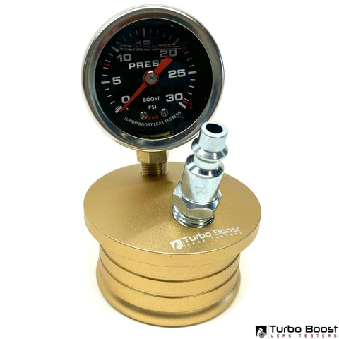 Turbo Boost leak tester kit on 3-inch gold aluminum base with 0–30 psi dial gauge