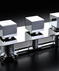 Solid three knob thermostatic mixer for Heavy Duty 20X40 Inch Shower Panel System In polished chrome finish.