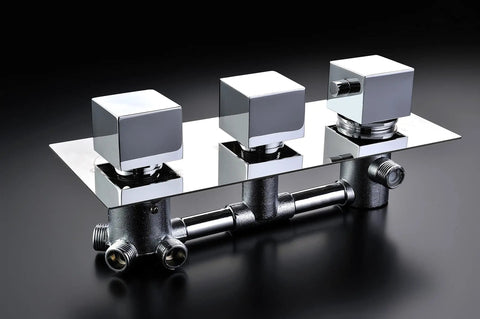 Solid three knob thermostatic mixer for Heavy Duty 20X40 Inch Shower Panel System In polished chrome finish.