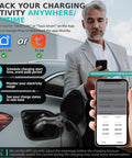 Man using smartphone for real-time tracking of Level Two Portable Ev Charger Delivering Straight Up 3.5 Kw Adjustable 16 Amp Output.