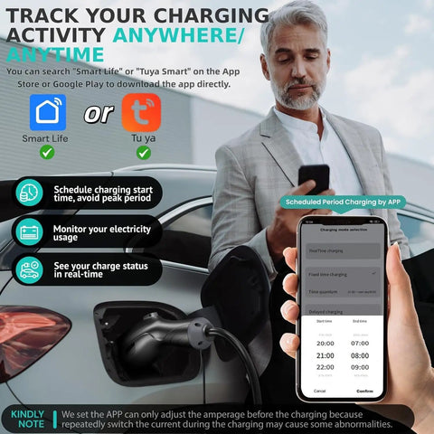 Man using smartphone for real-time tracking of Level Two Portable Ev Charger Delivering Straight Up 3.5 Kw Adjustable 16 Amp Output.
