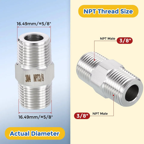 Five Pack Beefy 304 Stainless Steel Pipe Fittings Three Eighths Inch Male NPT To Three Eighths Inch Male NPT Hex Nipple Adapters