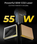 Front view of xTool P2S 55W CO2 laser cutter with laser head above wood and clear acrylic samples.