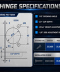 Hinge specifications diagram showing boring pattern for Premium Replacement Cabinet Hinges 110 And 120 Degree Heavy Duty Wood Door Hardware.