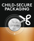 Heavy Duty Cr2032 3V Lithium Coin Batteries 8 Pack with child-secure packaging and safety scissors illustration.