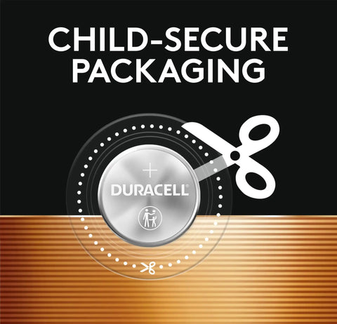Heavy Duty Cr2032 3V Lithium Coin Batteries 8 Pack with child-secure packaging and safety scissors illustration.