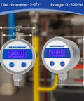 Budget Friendly Digital Pressure Gauge With 2.5 Inch Blue Backlit LCD 0 To 200 PSI All Stainless Steel Case One Quarter Inch NPT Connection One Percent Accuracy For Precise Readouts In Harsh Environments displayed in workshop setting