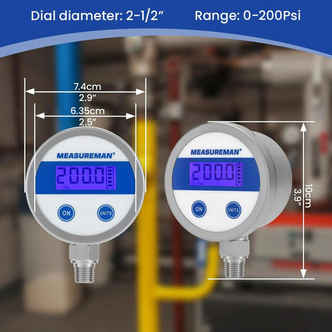 Budget Friendly Digital Pressure Gauge With 2.5 Inch Blue Backlit LCD 0 To 200 PSI All Stainless Steel Case One Quarter Inch NPT Connection One Percent Accuracy For Precise Readouts In Harsh Environments displayed in workshop setting