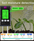 All In One Soil Test Kit With Digital Moisture Meter And pH Tester Large Screen Measures Fertility Temperature Sunlight And Air Humidity For Garden Greenhouse And Farm Use For Your Garden Crew Requires 2 AAA Batteries, showing moisture readings.