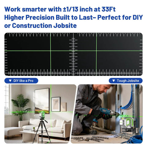 Self Leveling 360 Green Laser Level Kit With 50 Inch Tripod in use for construction and picture hanging, showing laser precision.