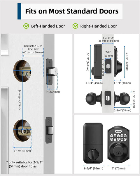 Diagram of Fingerprint Door Lock Set With Keypad And Handle No Keys Needed Smart Auto Lock For Front Door, matte black hardware dimensions.