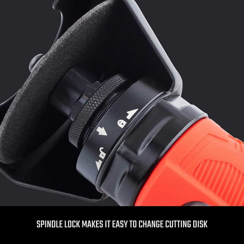 Close-up of 3-In Cutoff Tool With Reversible Cutting Wheel, High Speed RPM, Lightweight And Compact, showing spindle lock.
