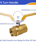 Beefy Brass Ball Valve, 1-1/4 Inch Full Port NPT Female To Female, close-up of 1/4 turn handle position with open and close labels