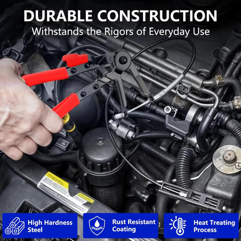 Using Pro Grade 16 Piece Hose Clamp Pliers Set With Long Reach Flexible Wire in car engine bay maintenance, close-up view.