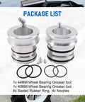 Product package showing 44 40mm Front And Rear Wheel Bearing Greaser Tool For Polaris Ranger and accessories on display