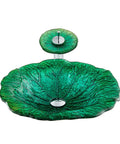 Slick Tempered Glass Vessel Sink Lotus Leaf Countertop Basin Featuring Smooth Waterfall Flow, green glass design.