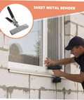 Worker using drill near window with inset showing Ergonomic Handle Sheet Metal Bender Pliers For Standing Seam Roofing Tools