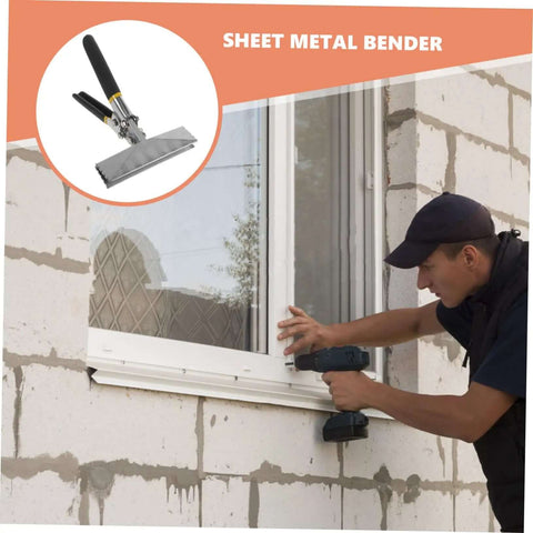 Worker using drill near window with inset showing Ergonomic Handle Sheet Metal Bender Pliers For Standing Seam Roofing Tools