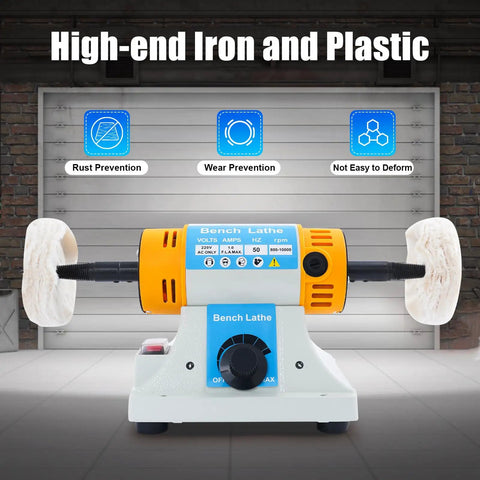 Heavy Duty Top Notch 320W Variable Speed Bench Polisher Built Like A Tank For Jewelry Crafters And Weekend Warriors Featuring Knockout RPM And Sweet Cooling Vents with iron and plastic design.