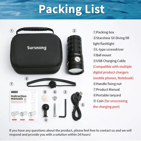 Packing list showing StarShine SR 10000 Lumens Dive Light For Pro Grade Underwater Video And Photography and accessories