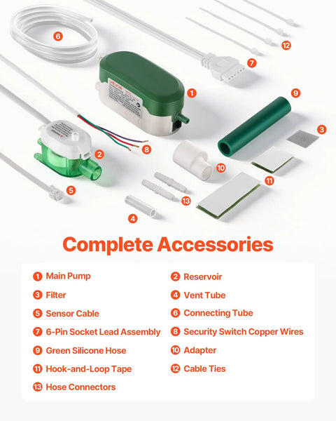 Condensate Pump With Automatic Safety Switch For Air Conditioners Dehumidifiers HVAC Furnaces And Ice Makers Delivers Nine Point Six GPH Up To 33 Feet Lift 100 To 230 Volt Ultra Quiet 21 DB No Fuss Drainage For Long Distance And Uphill Runs. complete accessories set with pump, reservoir, hose, cables, tape, and fittings