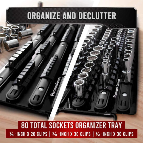 Portable Socket Organizer Tray Holds Up To Eighty Sockets Including Clips For One Quarter Three Eighths And Half Inch Sizes