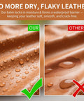 Comparison of leather hydration with Heavy Hitter Leather Revival Balm And Scratch Fix Kit showing moisture on left.