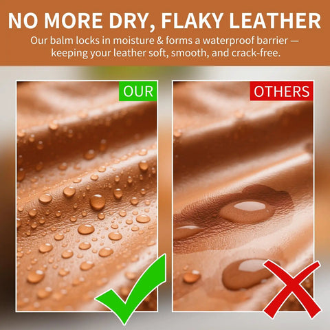 Comparison of leather hydration with Heavy Hitter Leather Revival Balm And Scratch Fix Kit showing moisture on left.